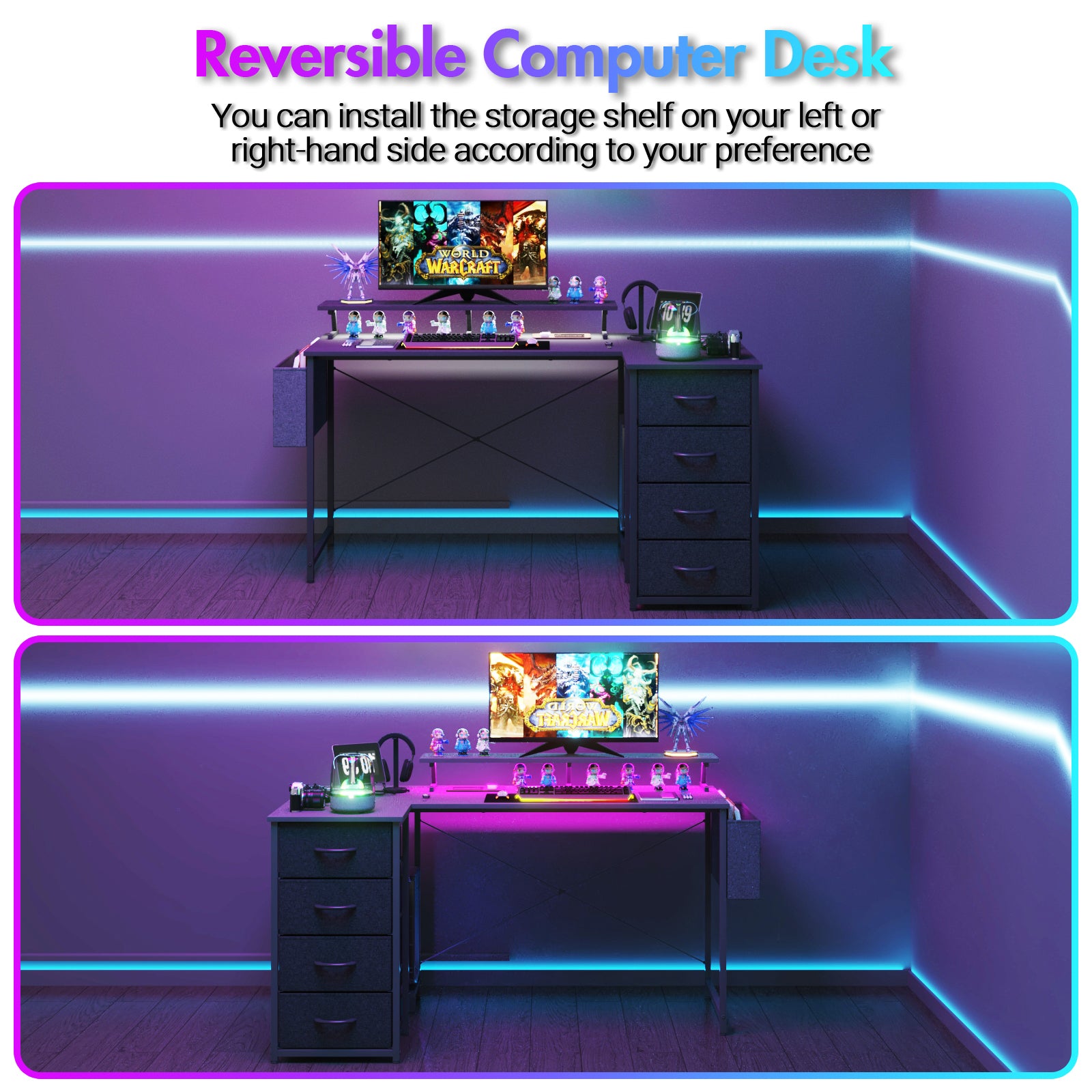 L Shaped Gaming Desk LED Lights & Power Outlets 140Cm Convertible Computer Corner Desk with Monitor Stand Drawers Black