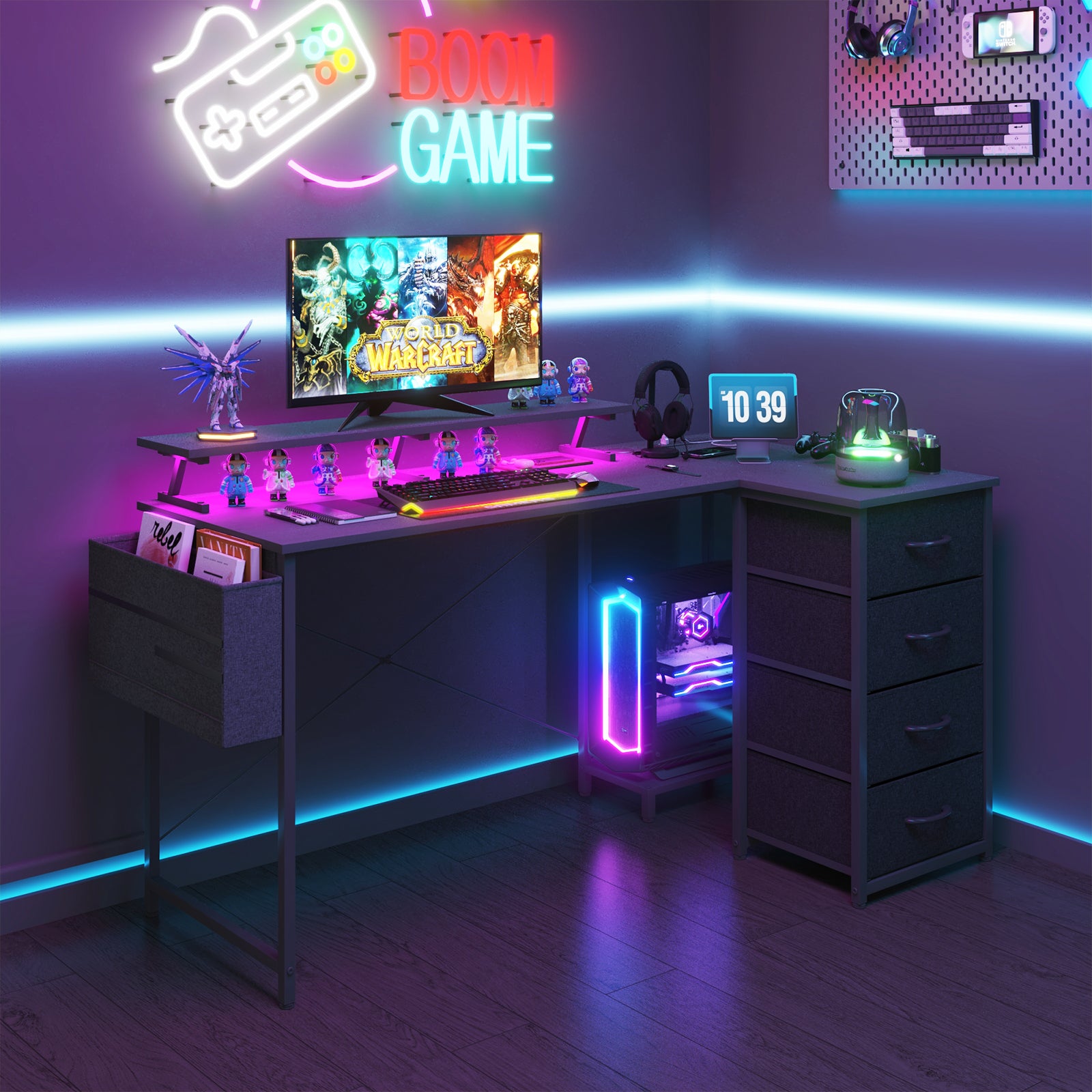 L Shaped Gaming Desk LED Lights & Power Outlets 140Cm Convertible Computer Corner Desk with Monitor Stand Drawers Black